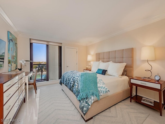 bedroom featuring light tile patterned flooring and ornamental molding