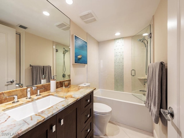 full bath with vanity, bathing tub / shower combination, toilet, and visible vents