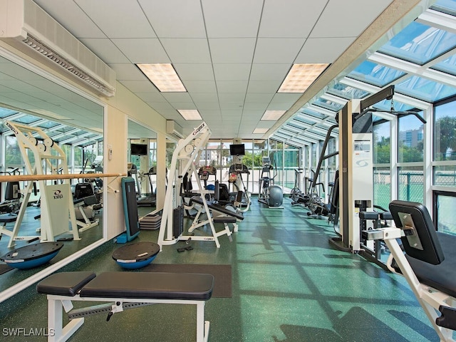 gym featuring floor to ceiling windows, a drop ceiling, and a wealth of natural light