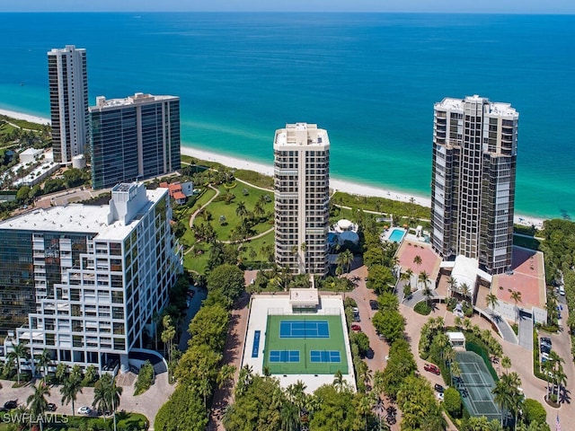 drone / aerial view with a beach view and a water view