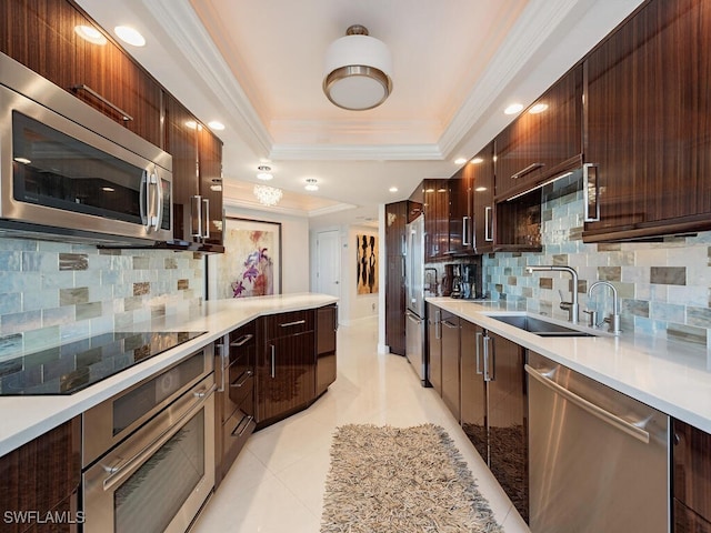 kitchen with ornamental molding, a sink, appliances with stainless steel finishes, a raised ceiling, and modern cabinets