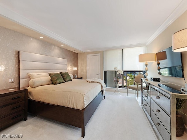 bedroom with wallpapered walls, recessed lighting, expansive windows, crown molding, and light carpet