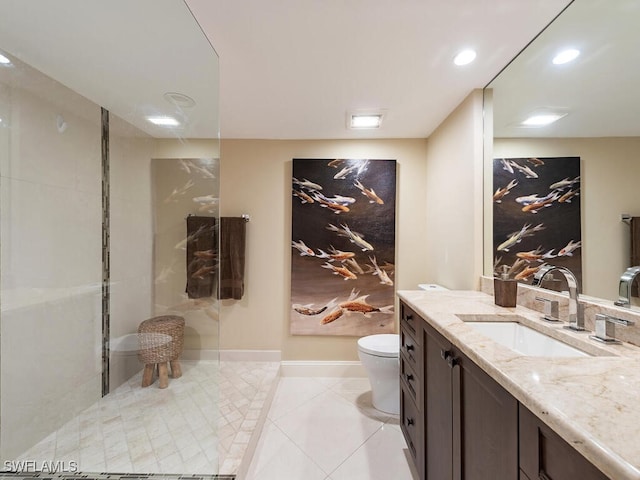 bathroom featuring tile patterned flooring, baseboards, toilet, recessed lighting, and vanity