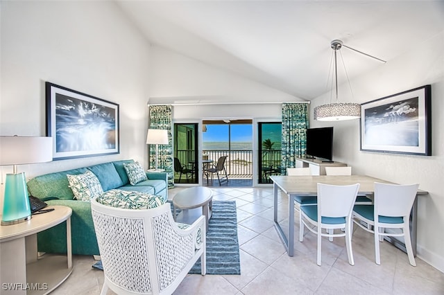 tiled living room with high vaulted ceiling