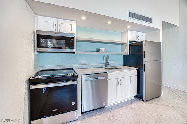 kitchen featuring visible vents, a sink, open shelves, white cabinetry, and appliances with stainless steel finishes