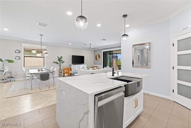 kitchen featuring visible vents, a sink, hanging light fixtures, ornamental molding, and dishwasher