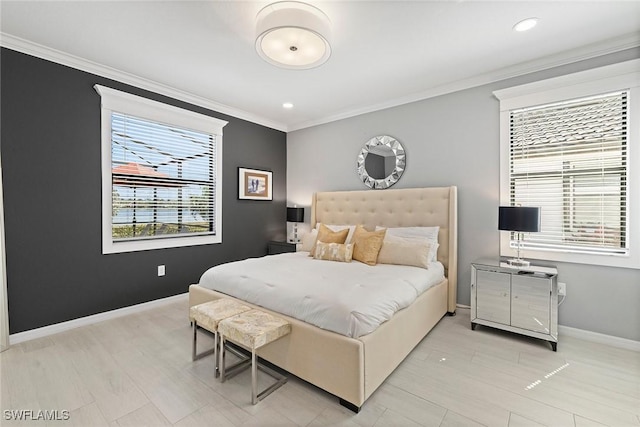 bedroom with recessed lighting, baseboards, ornamental molding, and wood finished floors