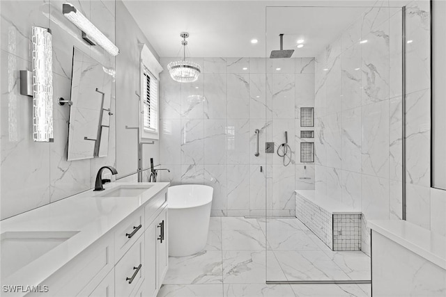 full bathroom featuring a freestanding tub, marble finish floor, a sink, a marble finish shower, and double vanity