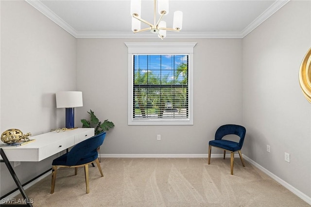 home office featuring baseboards, a notable chandelier, carpet flooring, and crown molding