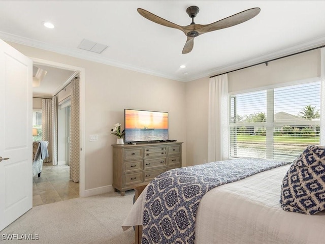 bedroom with a ceiling fan, baseboards, recessed lighting, light carpet, and crown molding