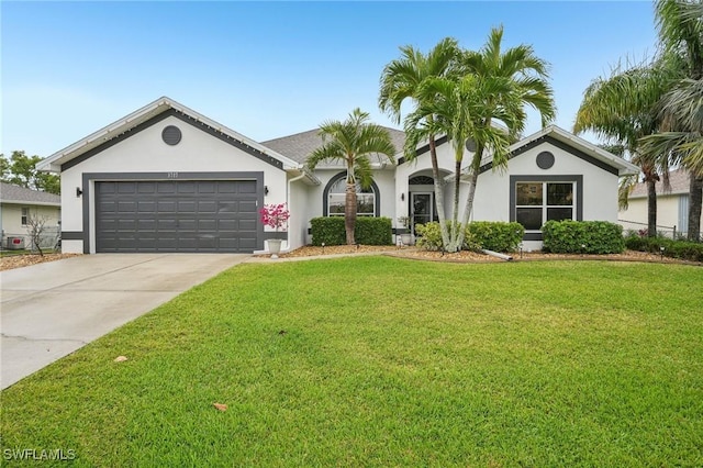 ranch-style home featuring stucco siding, a front lawn, concrete driveway, and a garage