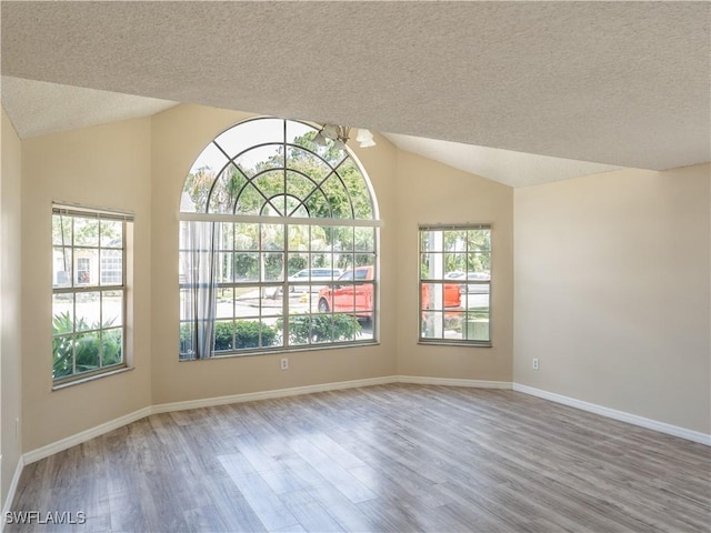 empty room featuring a wealth of natural light, wood finished floors, and vaulted ceiling