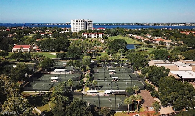 bird's eye view with a water view