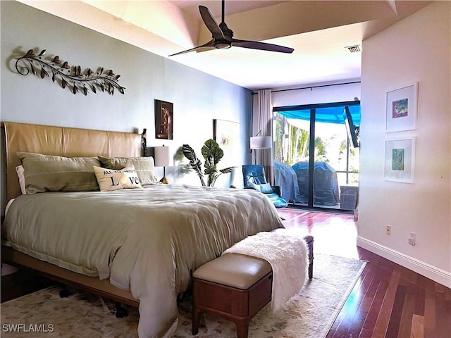 bedroom with wood finished floors, visible vents, baseboards, ceiling fan, and access to exterior