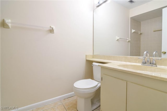 full bathroom with visible vents, toilet, tile patterned flooring, baseboards, and vanity