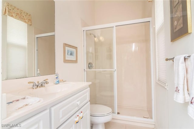 full bath with vanity, toilet, and a stall shower