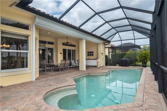 pool featuring a patio, a grill, and a ceiling fan