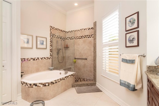 full bath featuring a garden tub, ornamental molding, tile patterned flooring, walk in shower, and vanity