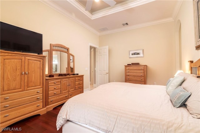 bedroom with visible vents, a ceiling fan, dark wood-style floors, arched walkways, and crown molding