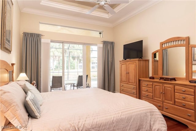 bedroom with dark wood finished floors, ornamental molding, ceiling fan, and access to outside