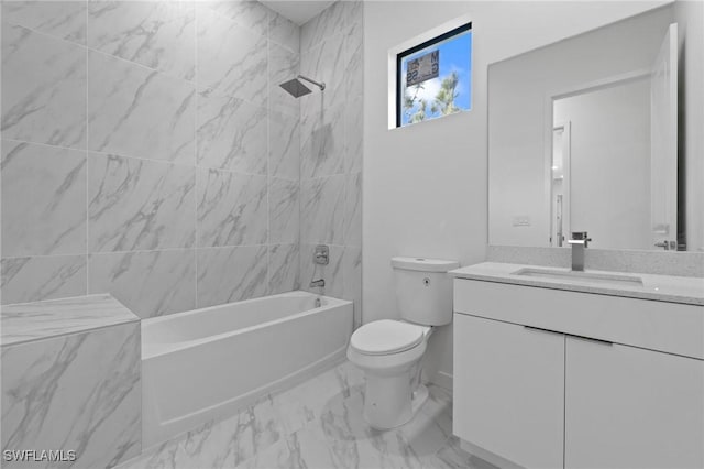 bathroom featuring vanity, toilet, marble finish floor, and shower / bathtub combination