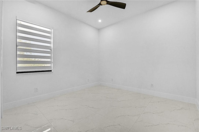 empty room with recessed lighting, baseboards, and ceiling fan