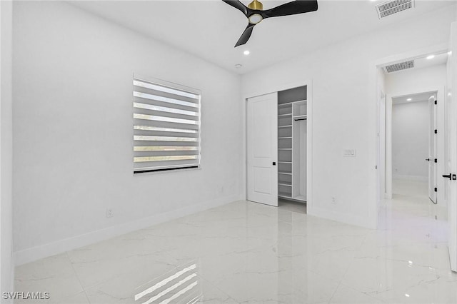 unfurnished bedroom with recessed lighting, baseboards, visible vents, and marble finish floor