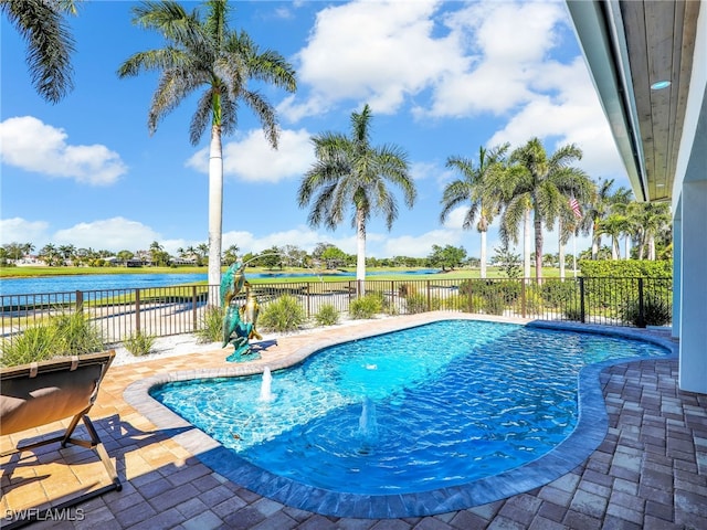 view of swimming pool with a fenced in pool, a patio, a fenced backyard, and a water view