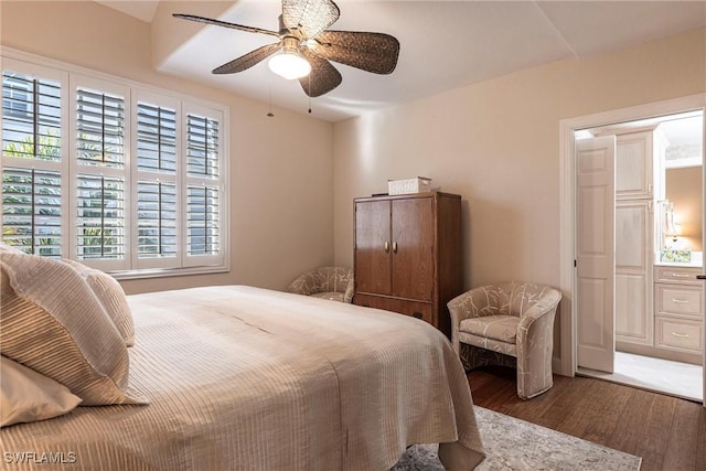 bedroom featuring a ceiling fan and wood finished floors