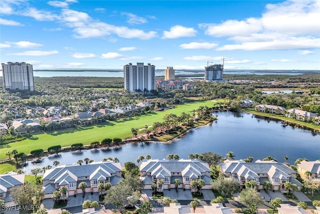 aerial view featuring a water view and a residential view