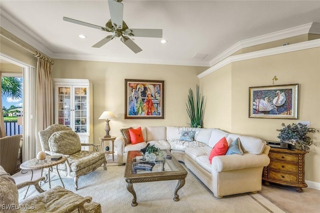 carpeted living area featuring recessed lighting, baseboards, a ceiling fan, and ornamental molding