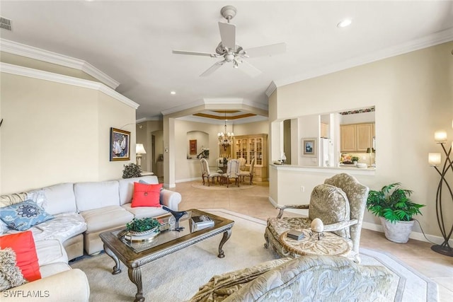 living room featuring light tile patterned floors, baseboards, visible vents, and ornamental molding