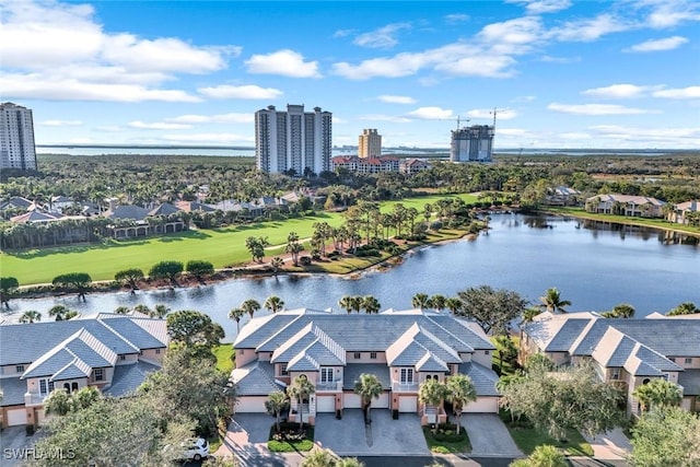 aerial view with a water view and a residential view