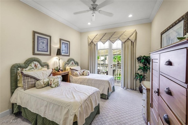 bedroom featuring baseboards, ornamental molding, light carpet, a ceiling fan, and access to outside