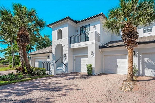 mediterranean / spanish-style home with an attached garage, driveway, a balcony, and stucco siding