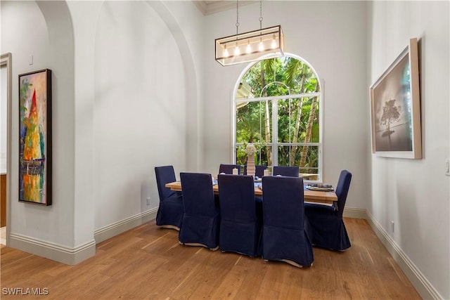 dining area featuring wood finished floors, baseboards, and arched walkways