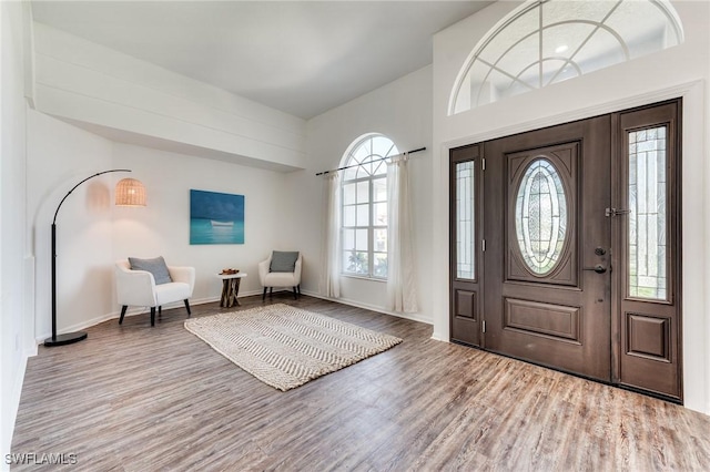 entryway with baseboards and wood finished floors