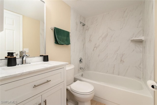 bathroom with toilet, vanity, and bathing tub / shower combination