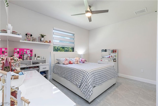 bedroom featuring a ceiling fan, baseboards, visible vents, and marble finish floor