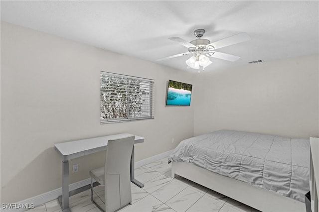 bedroom with visible vents, baseboards, marble finish floor, and ceiling fan