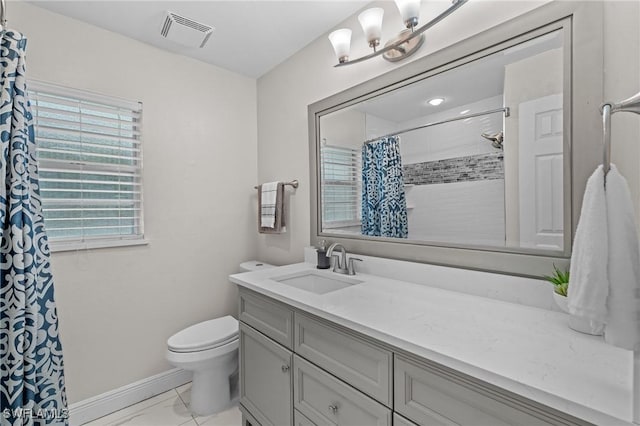 bathroom with vanity, a shower with curtain, baseboards, visible vents, and toilet