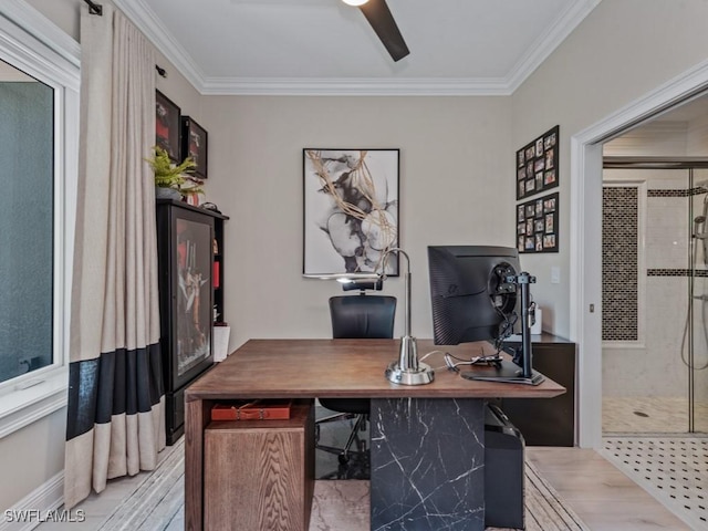 office area with crown molding and ceiling fan