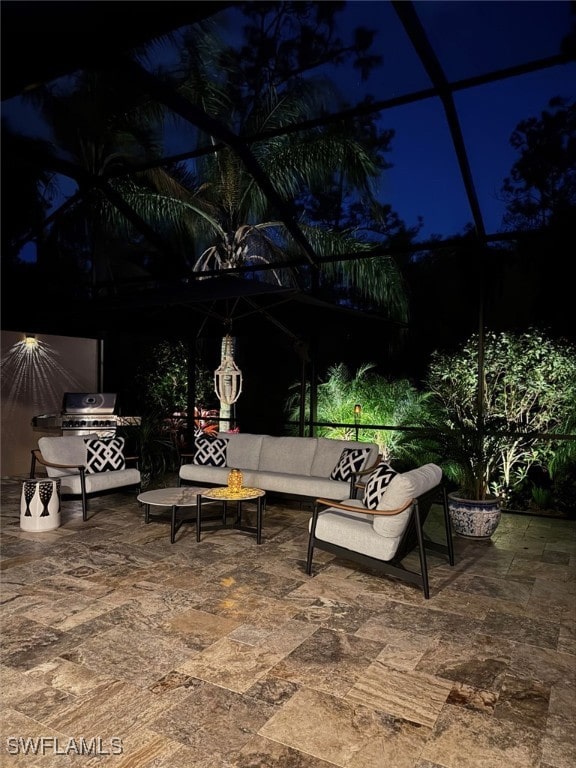 patio at twilight with outdoor lounge area