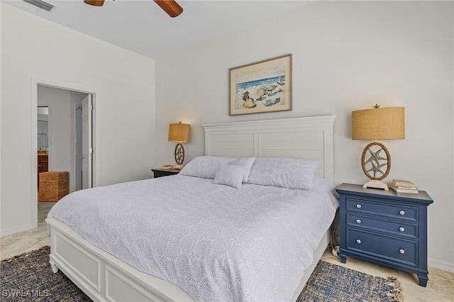 bedroom featuring visible vents, a ceiling fan, and baseboards