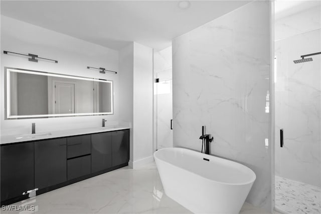 bathroom with a marble finish shower, marble finish floor, a freestanding bath, and double vanity