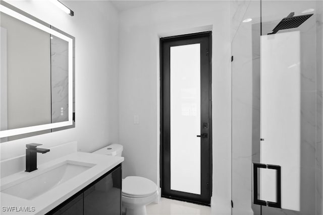 bathroom with a marble finish shower, toilet, and vanity