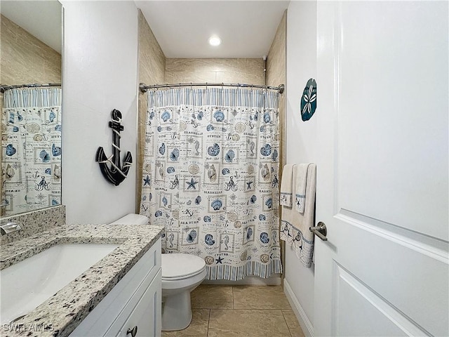 full bathroom featuring tile patterned flooring, curtained shower, toilet, and vanity