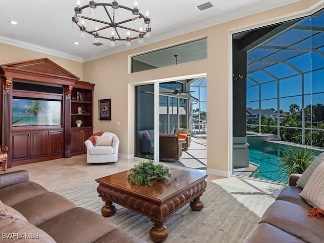 living room featuring baseboards, visible vents, recessed lighting, a sunroom, and ornamental molding