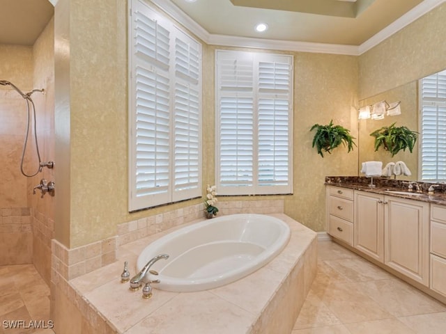 full bathroom with crown molding, recessed lighting, tiled shower, a bath, and vanity