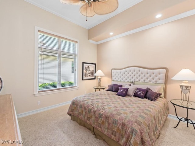 carpeted bedroom featuring recessed lighting, baseboards, ornamental molding, and ceiling fan